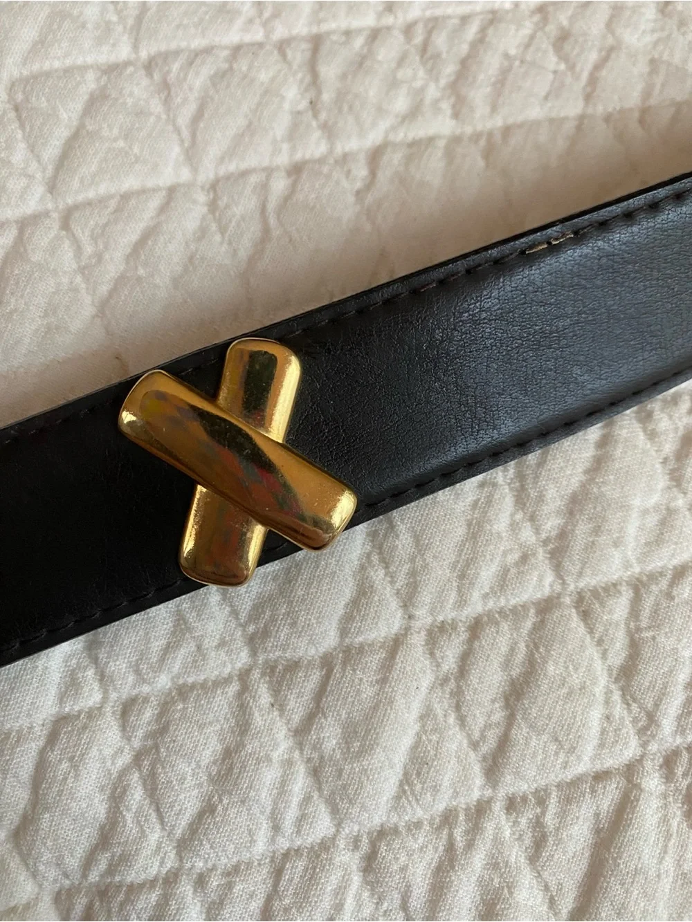 VTG Black Faux Leather Kiss Statement Belt Gold X Stud Accents Rock Punk Medium
